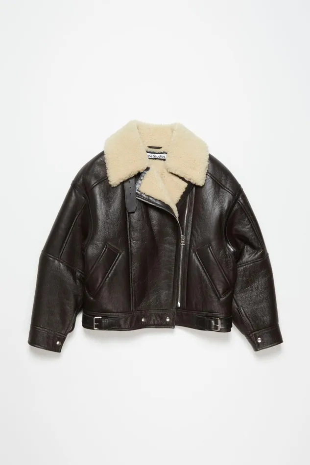 Women Leather Shearling Jacket Dark Brownbeige Acne Studios Outerwear