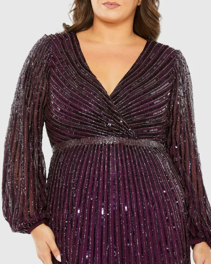 Women Mac Duggal Beaded Faux Wrap Puff Sleeve Ruffle Tiered Dress Blackberry Plus Size Dresses Women Mac Duggal Beaded Faux Wrap Puff Sleeve Ruffle Tiered Dress Blackberry Plus Size Dresses