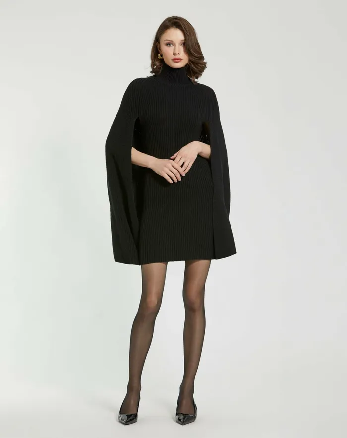 Women Mac Duggal Black Turtle Neck Knit Cape Mini Dress Black Knitwear
