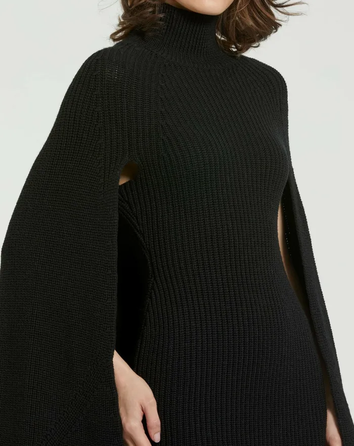 Women Mac Duggal Black Turtle Neck Knit Cape Mini Dress Black Knitwear