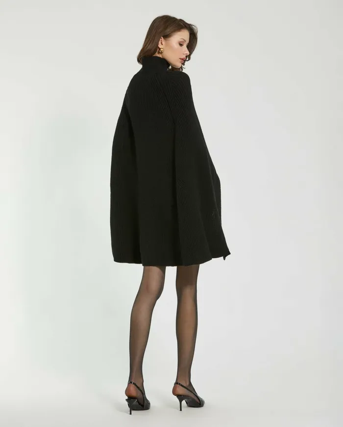 Women Mac Duggal Black Turtle Neck Knit Cape Mini Dress Black Knitwear
