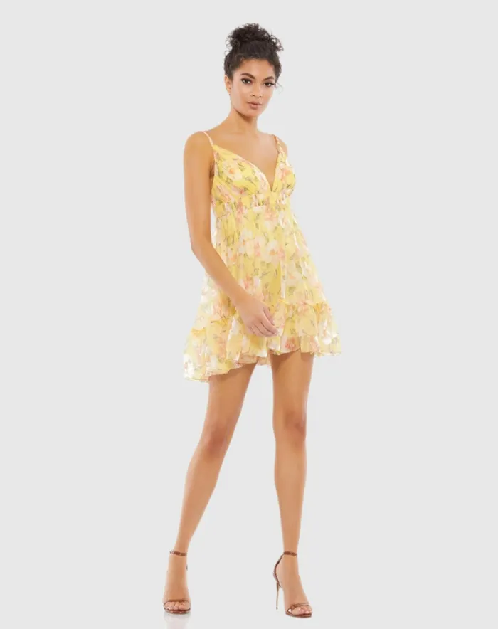 Women Mac Duggal Floral Empire Waist Ruffled Mini Dress Lemon Daytime Dresses
