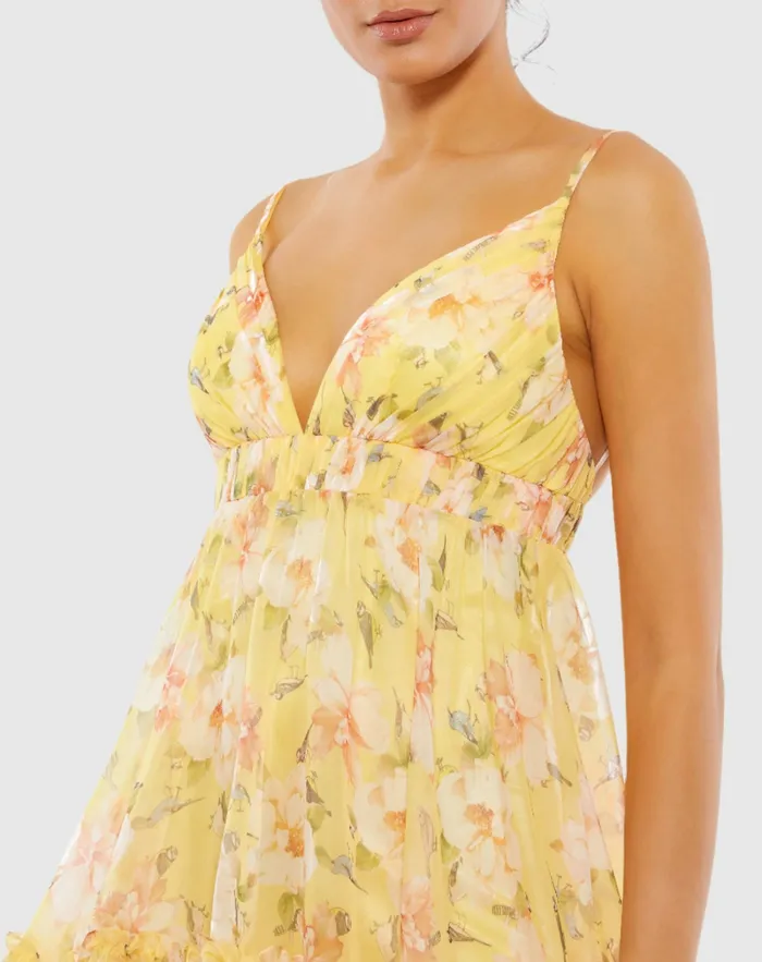 Women Mac Duggal Floral Empire Waist Ruffled Mini Dress Lemon Daytime Dresses