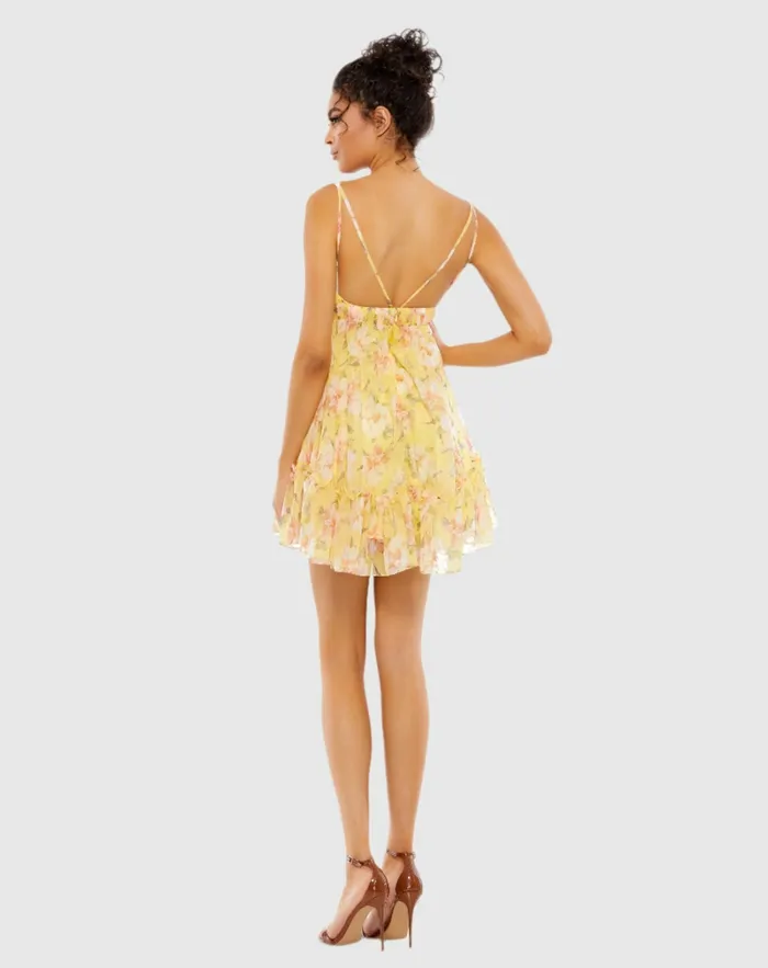 Women Mac Duggal Floral Empire Waist Ruffled Mini Dress Lemon Daytime Dresses