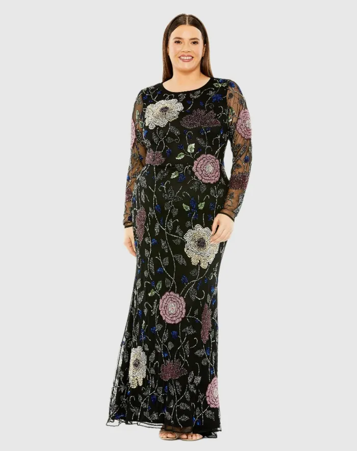 Women Mac Duggal Long Sleeve High Neck Floral Embroidered Dress Black Multi Plus Size Dresses Women Mac Duggal Long Sleeve High Neck Floral Embroidered Dress Black Multi Plus Size Dresses