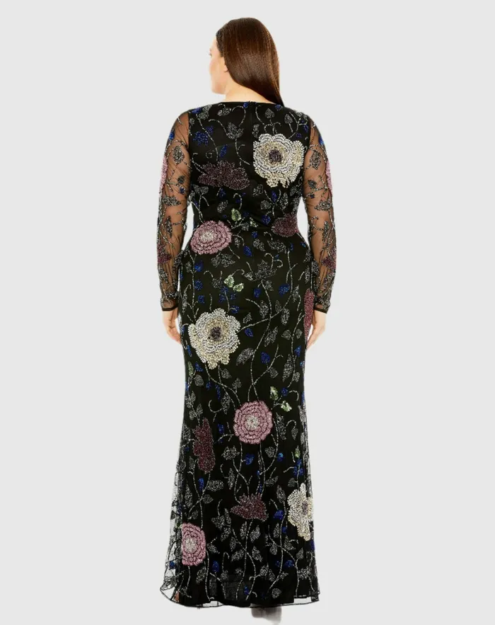 Women Mac Duggal Long Sleeve High Neck Floral Embroidered Dress Black Multi Plus Size Dresses