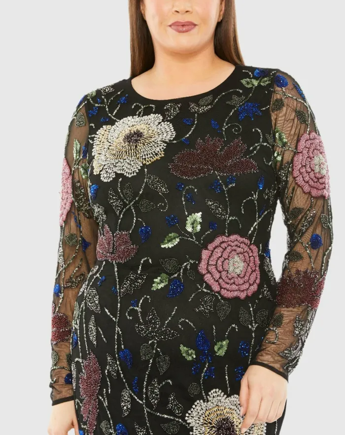 Women Mac Duggal Long Sleeve High Neck Floral Embroidered Dress Black Multi Plus Size Dresses