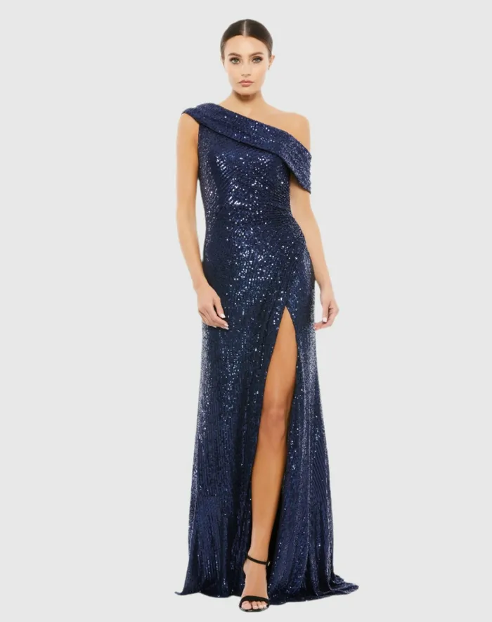 Women Mac Duggal Navy Sequined Drop Shoulder Gown Midnight Best Sellers
