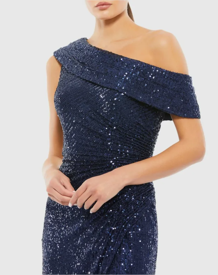 Women Mac Duggal Navy Sequined Drop Shoulder Gown Midnight Best Sellers
