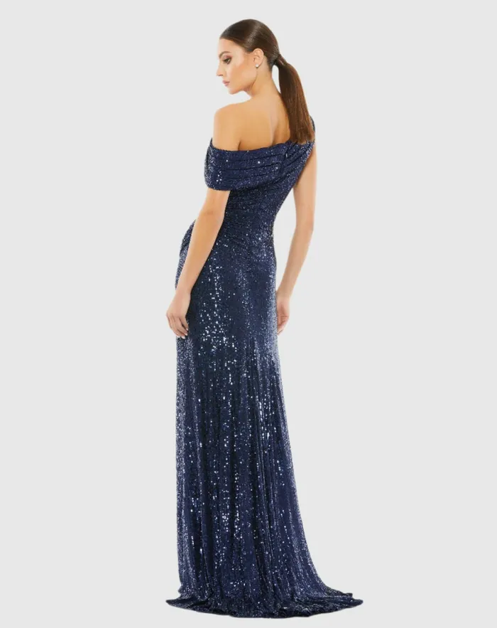 Women Mac Duggal Navy Sequined Drop Shoulder Gown Midnight Best Sellers