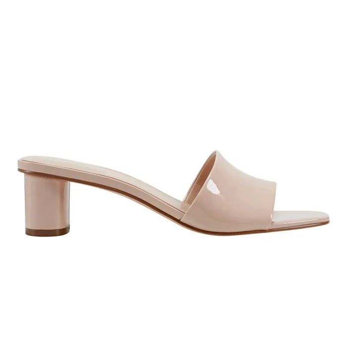 Women Marc Fisher Nemmie Heeled Slide Sandal Natural Patent Leather Mules and Slides