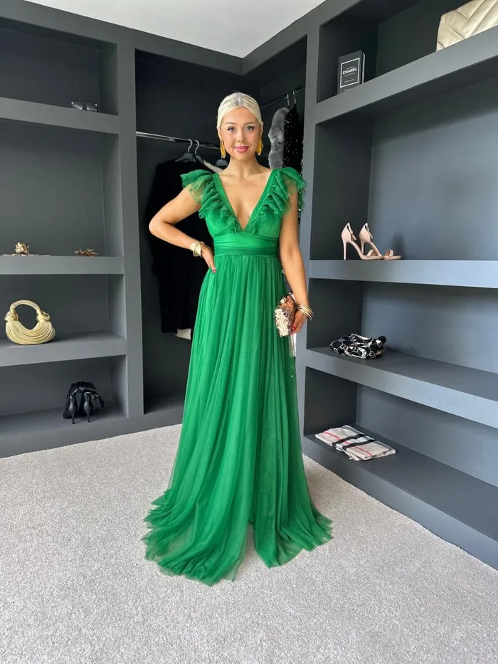 Women Maxi Canella Lane Crystal Tulle Maxi Dress Emerald