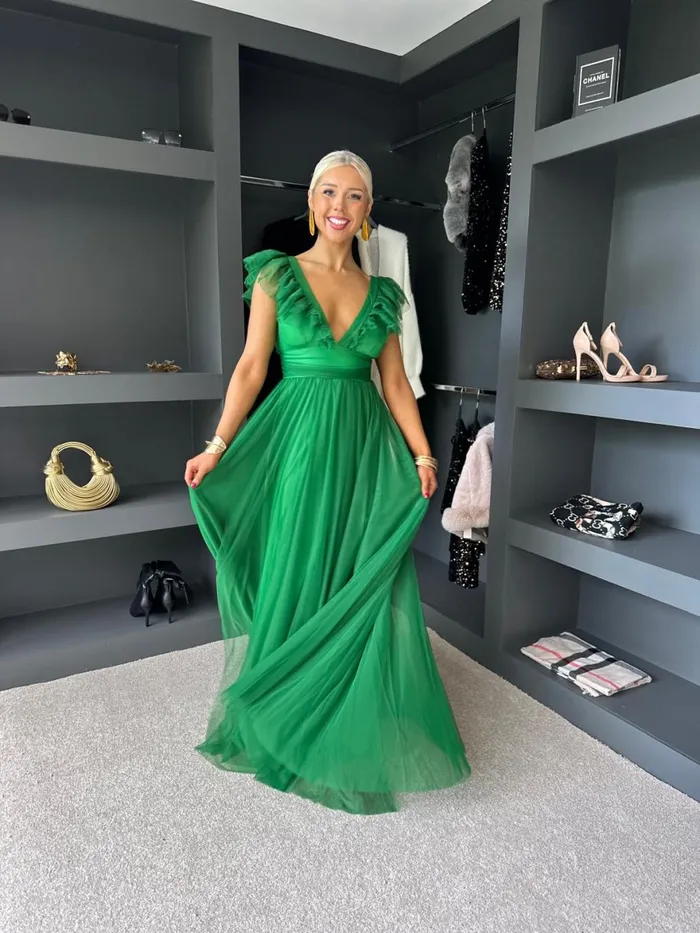 Women Maxi Canella Lane Crystal Tulle Maxi Dress Emerald