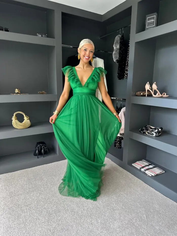 Women Maxi Canella Lane Crystal Tulle Maxi Dress Emerald