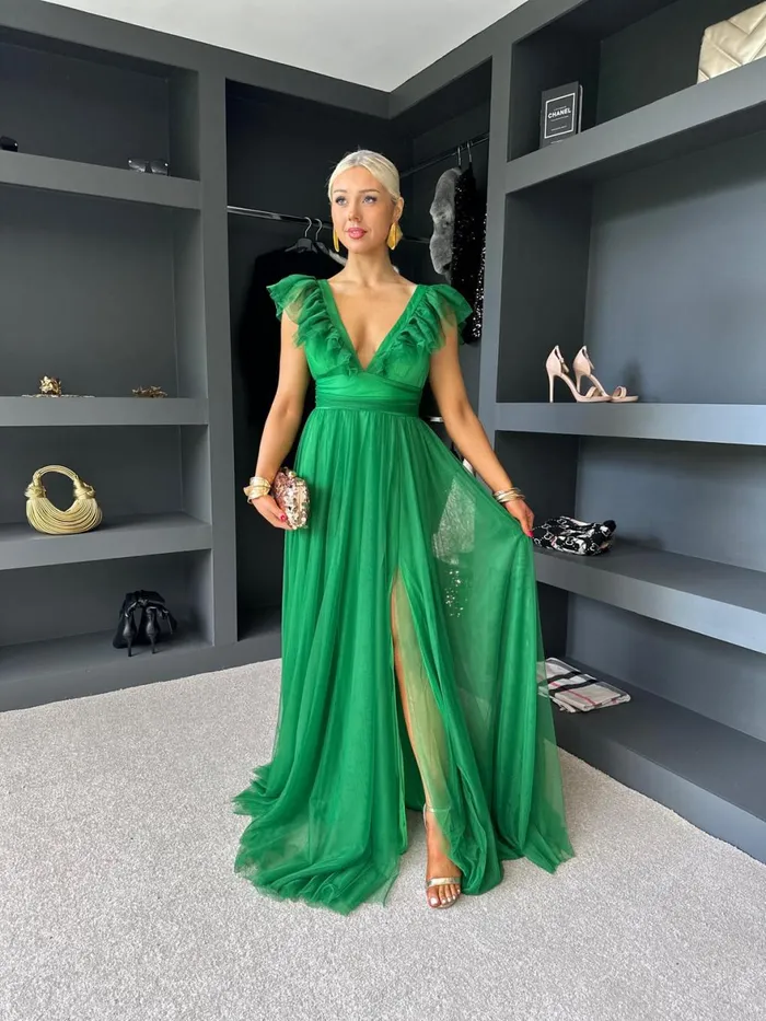 Women Maxi Canella Lane Crystal Tulle Maxi Dress Emerald