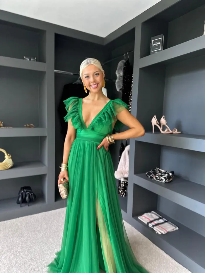Women Maxi Canella Lane Crystal Tulle Maxi Dress Emerald