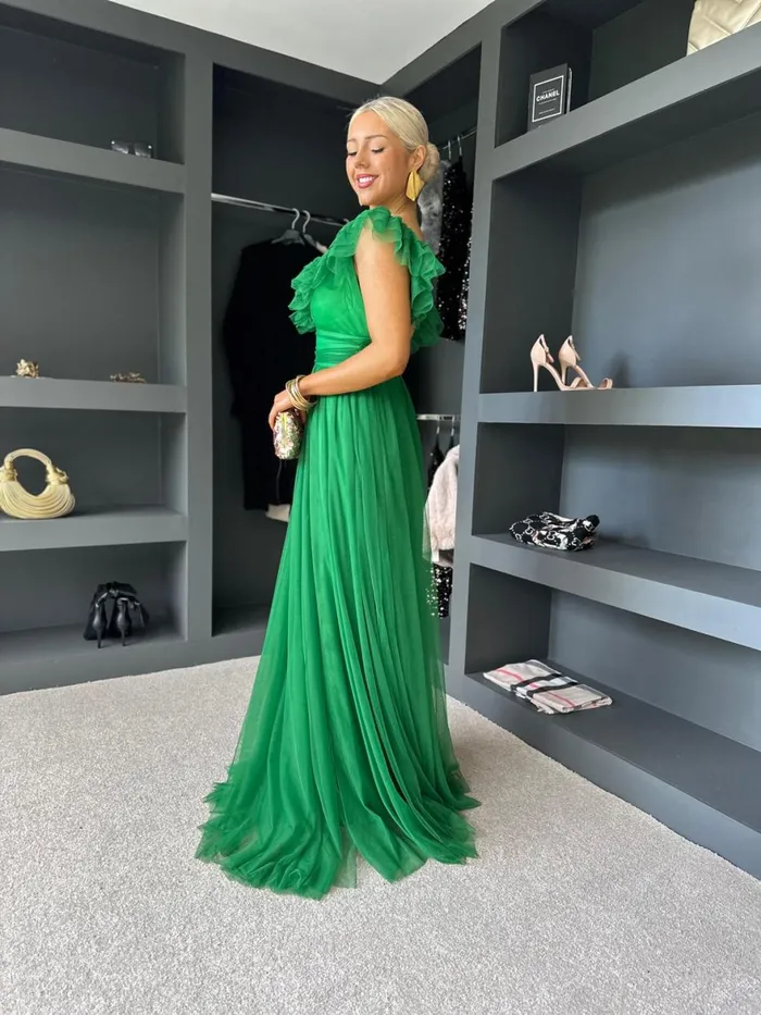 Women Maxi Canella Lane Crystal Tulle Maxi Dress Emerald
