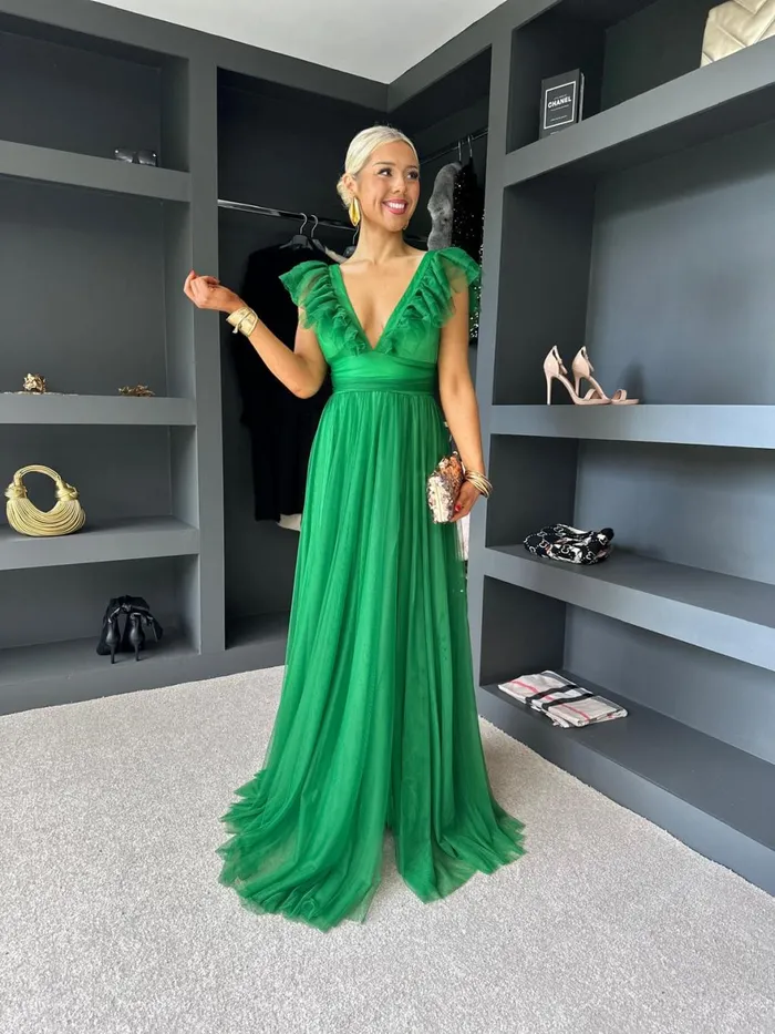 Women Maxi Canella Lane Crystal Tulle Maxi Dress Emerald