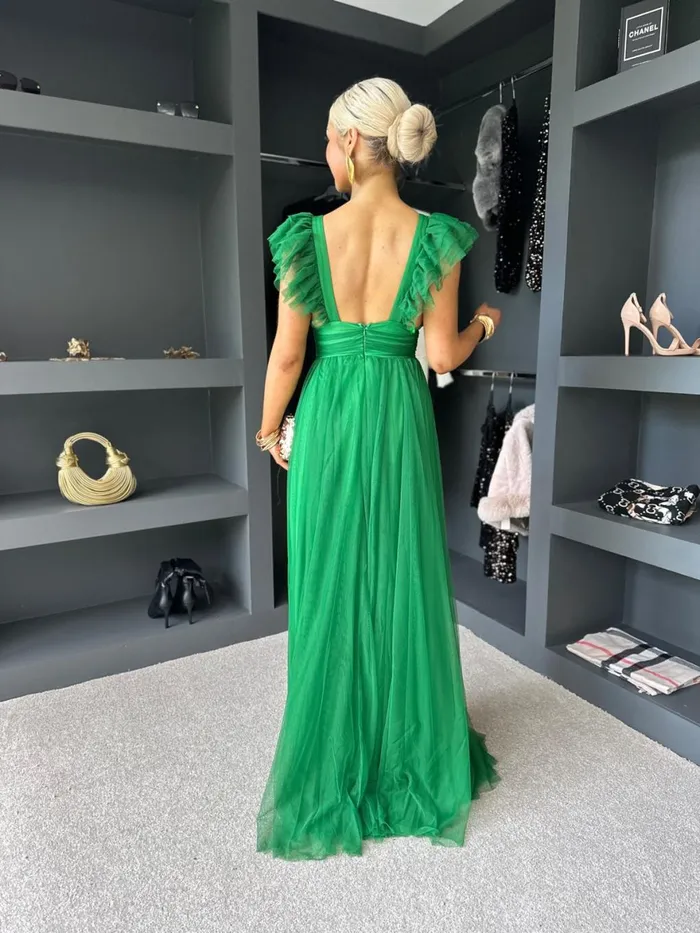 Women Maxi Canella Lane Crystal Tulle Maxi Dress Emerald
