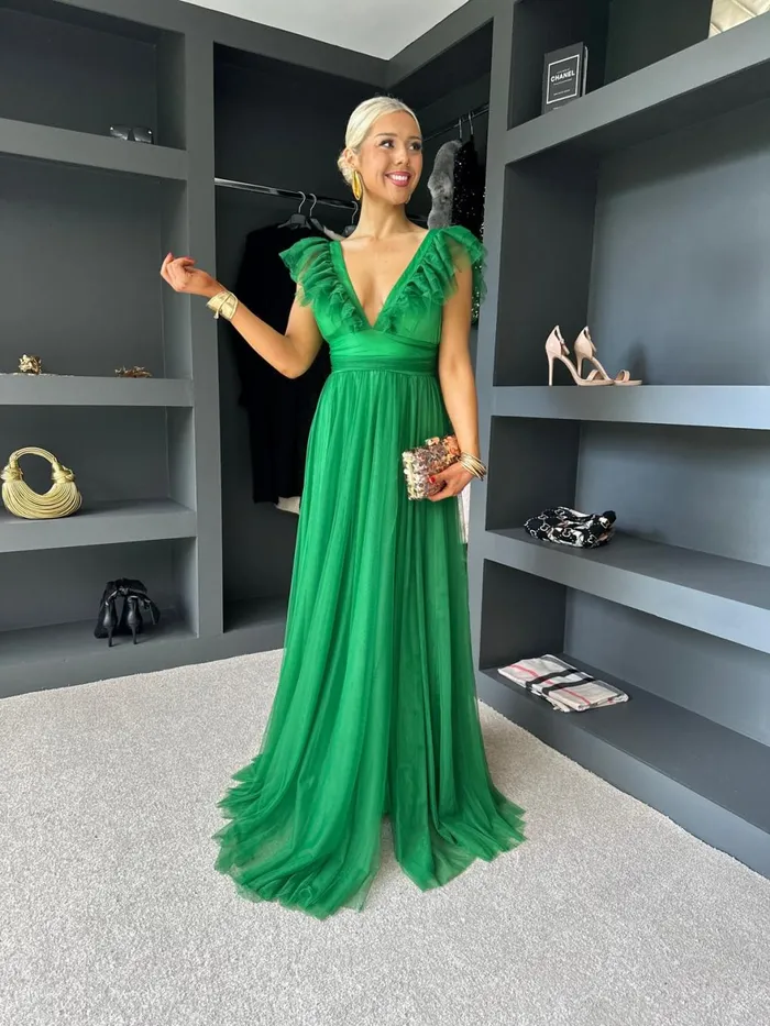 Women Maxi Canella Lane Crystal Tulle Maxi Dress Emerald