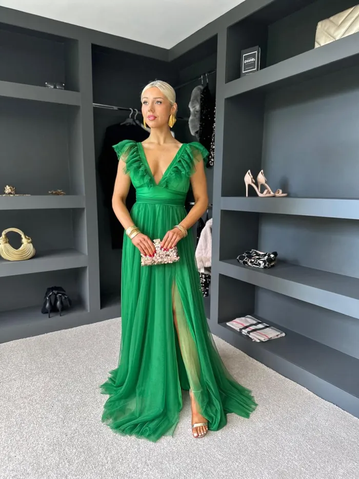 Women Maxi Canella Lane Crystal Tulle Maxi Dress Emerald