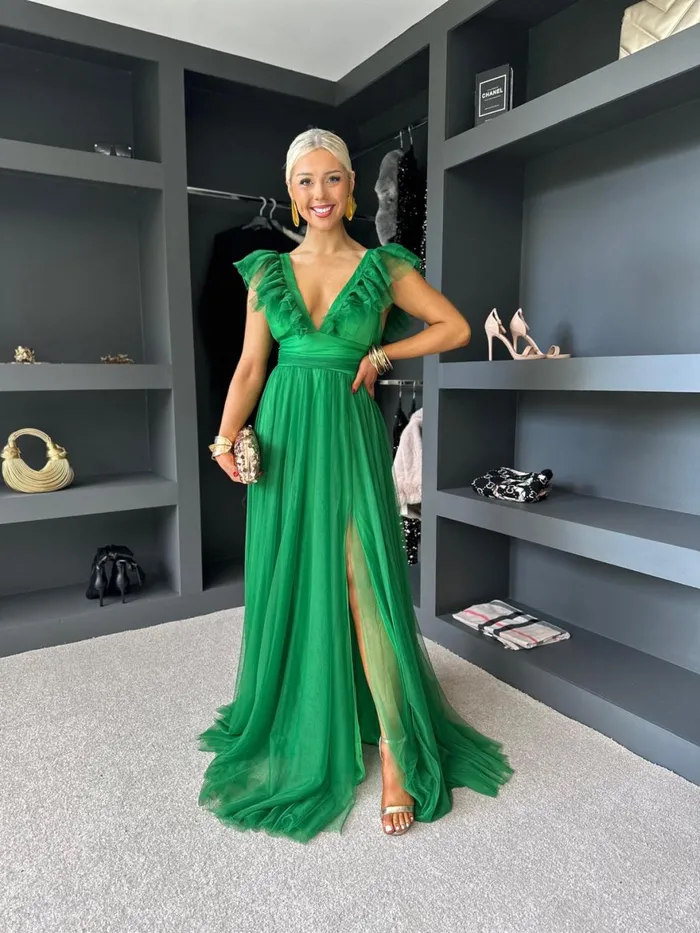 Women Maxi Canella Lane Crystal Tulle Maxi Dress Emerald
