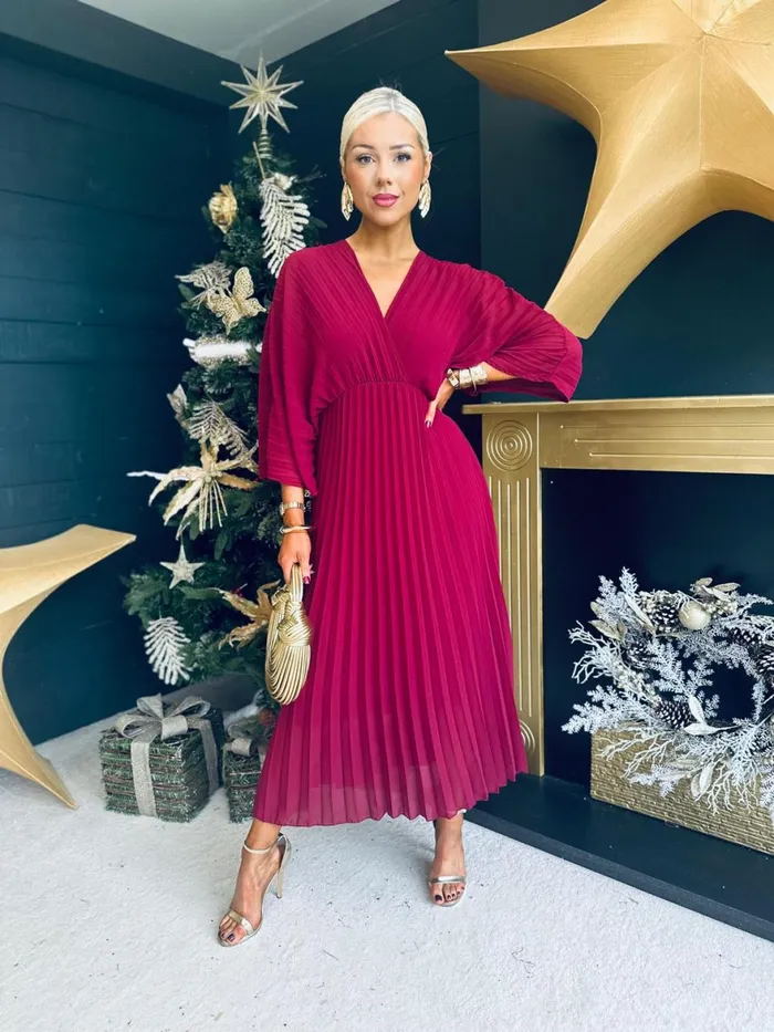 Women Midi Canella Lane Anastasia Pleated Batwing Midi Dress Wine