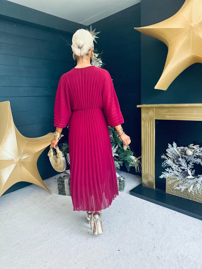 Women Midi Canella Lane Anastasia Pleated Batwing Midi Dress Wine
