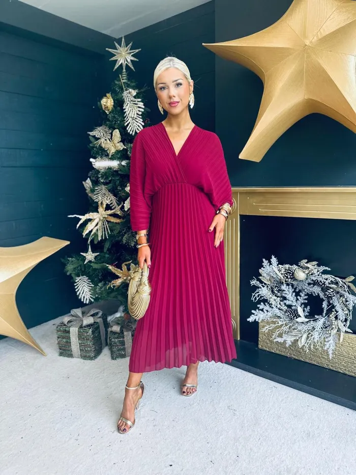 Women Midi Canella Lane Anastasia Pleated Batwing Midi Dress Wine
