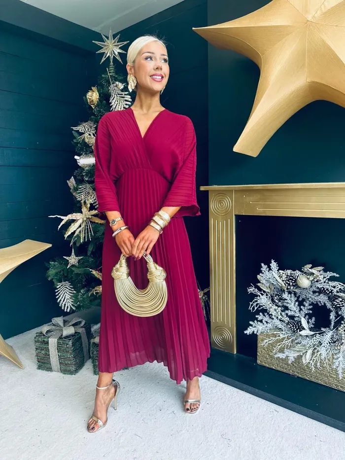 Women Midi Canella Lane Anastasia Pleated Batwing Midi Dress Wine
