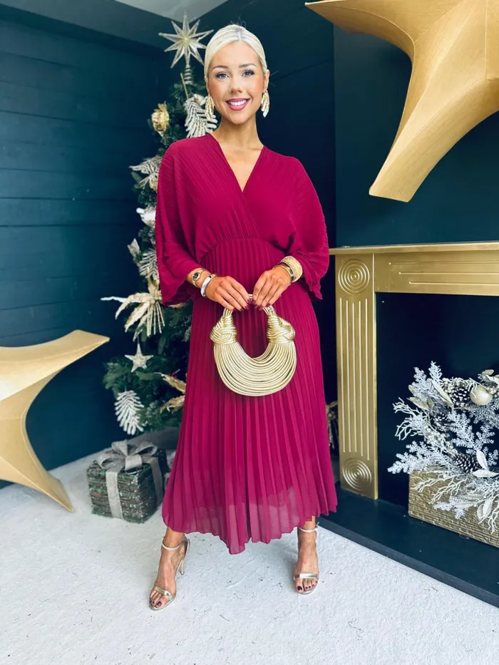 Women Midi Canella Lane Anastasia Pleated Batwing Midi Dress Wine