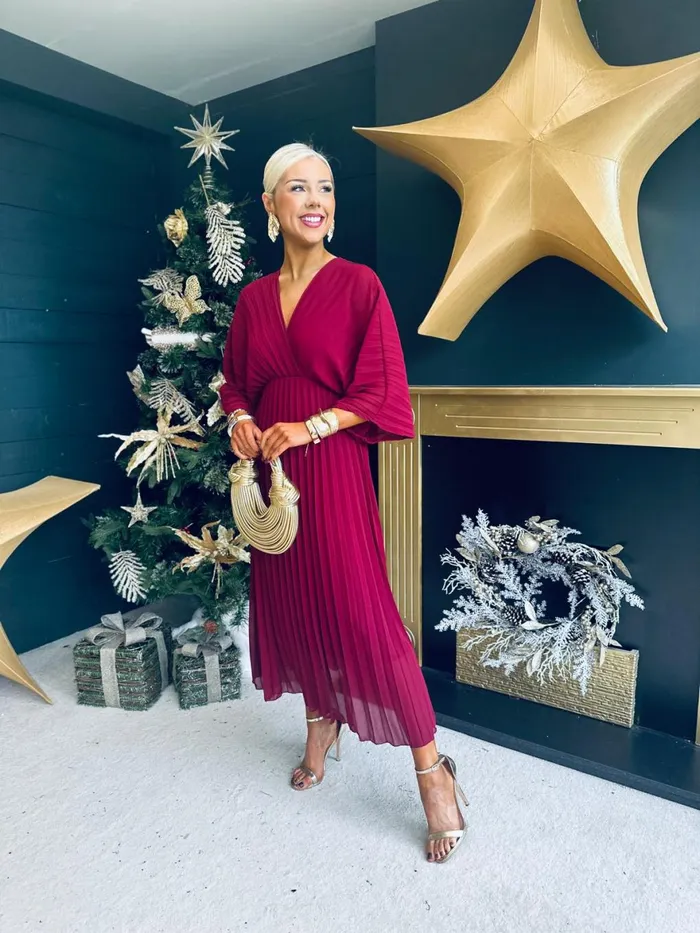 Women Midi Canella Lane Anastasia Pleated Batwing Midi Dress Wine