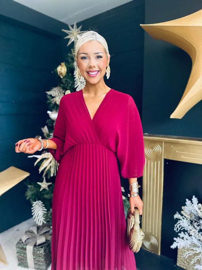 Women Midi Canella Lane Anastasia Pleated Batwing Midi Dress Wine