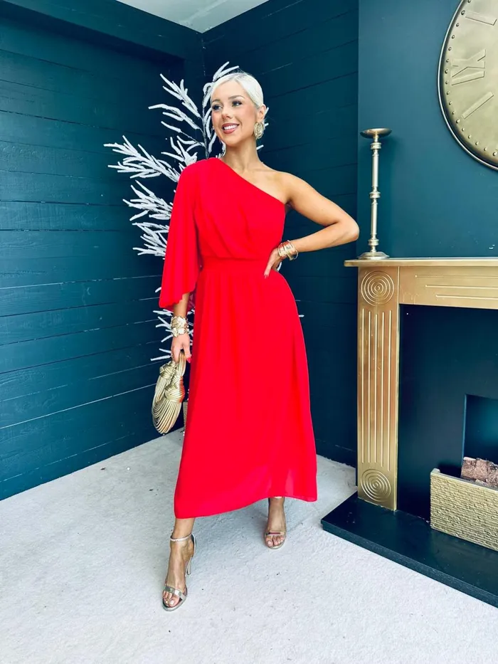 Women Midi Canella Lane Asher One Shoulder Midi Dress Red