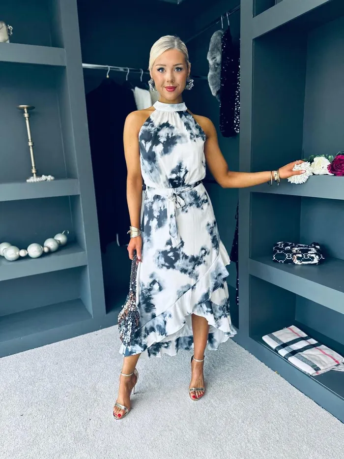 Women Midi Canella Lane Eilish Halter Neck Midi Dress Marble Black and White