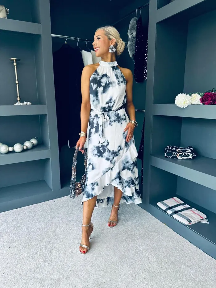 Women Midi Canella Lane Eilish Halter Neck Midi Dress Marble Black and White