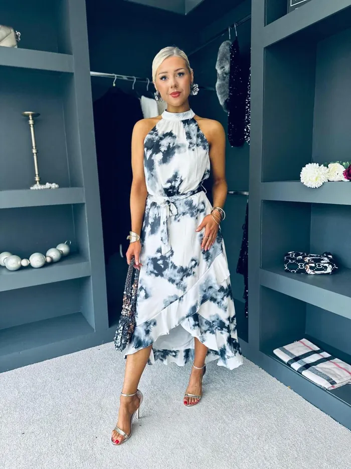 Women Midi Canella Lane Eilish Halter Neck Midi Dress Marble Black and White