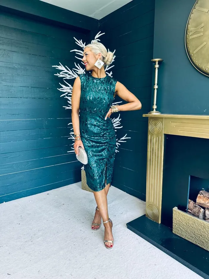 Women Midi Canella Lane Estelle Sequin Ruched Midi Dress Green
