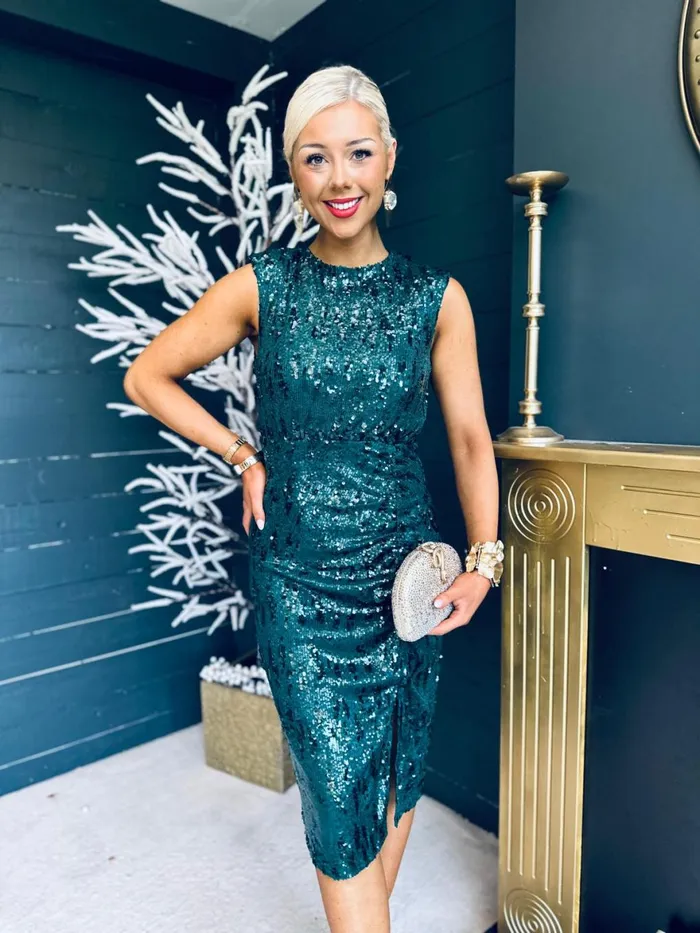 Women Midi Canella Lane Estelle Sequin Ruched Midi Dress Green