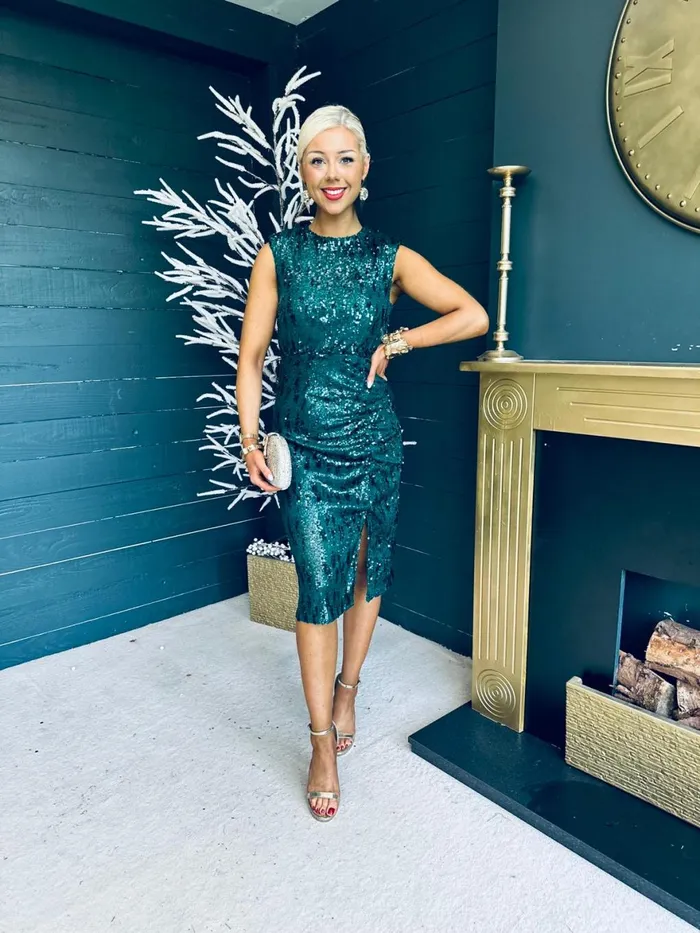 Women Midi Canella Lane Estelle Sequin Ruched Midi Dress Green