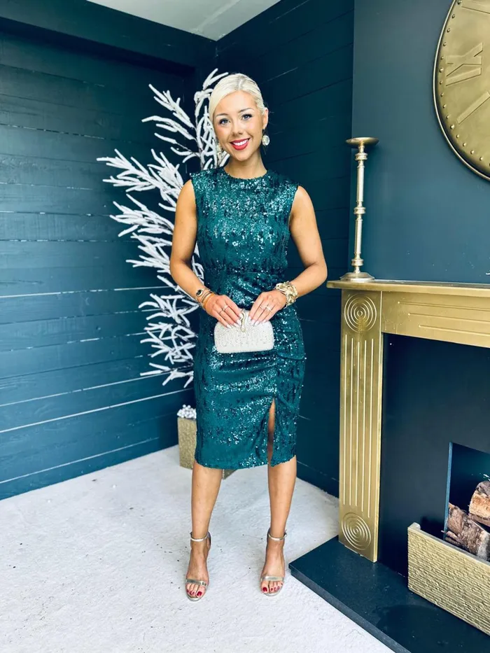 Women Midi Canella Lane Estelle Sequin Ruched Midi Dress Green