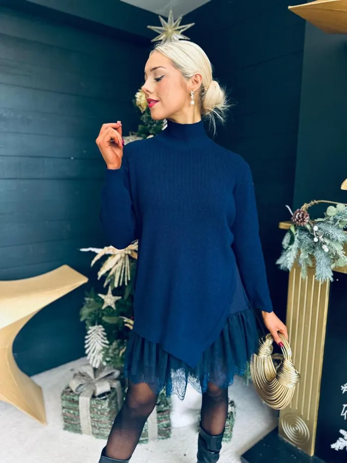 Women Midi Canella Lane Gina Knit and Lace Mini Dress Navy