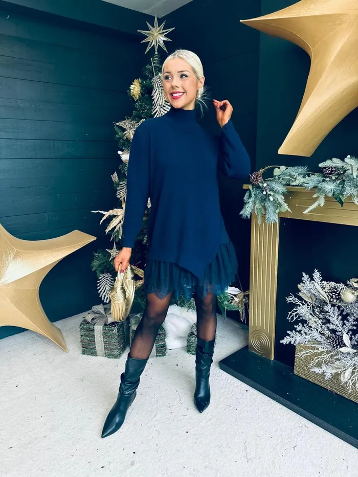 Women Midi Canella Lane Gina Knit and Lace Mini Dress Navy