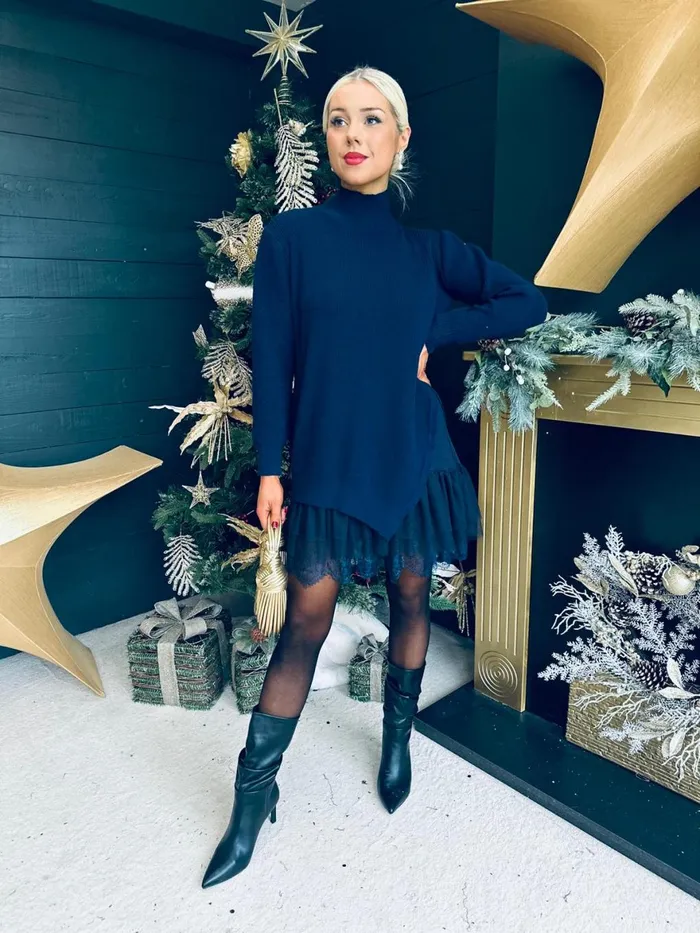 Women Midi Canella Lane Gina Knit and Lace Mini Dress Navy