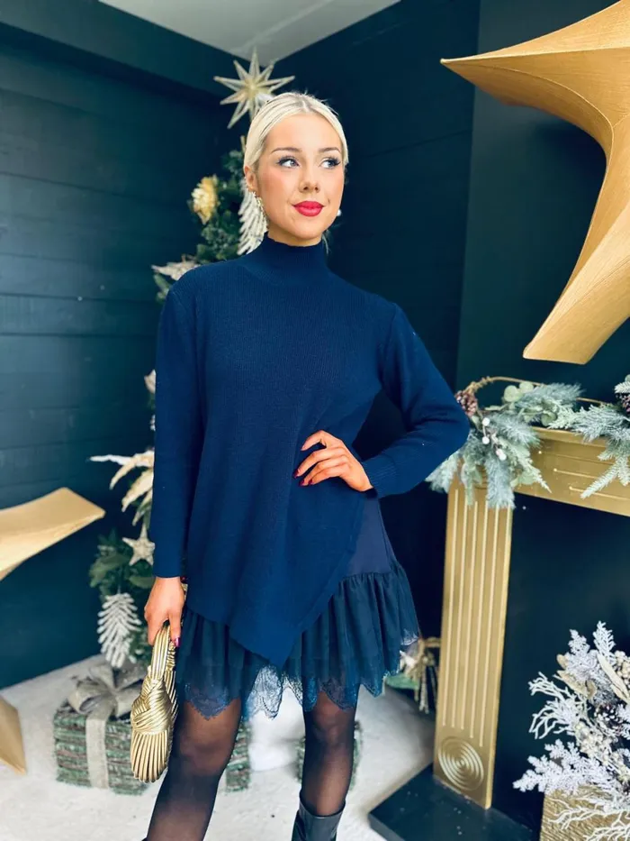Women Midi Canella Lane Gina Knit and Lace Mini Dress Navy