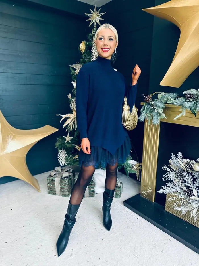 Women Midi Canella Lane Gina Knit and Lace Mini Dress Navy