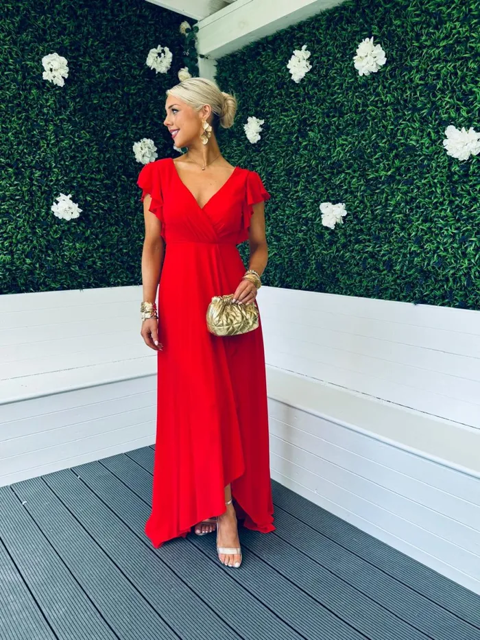 Women Midi Canella Lane Jillian Frill Detail Maxi Dress Red