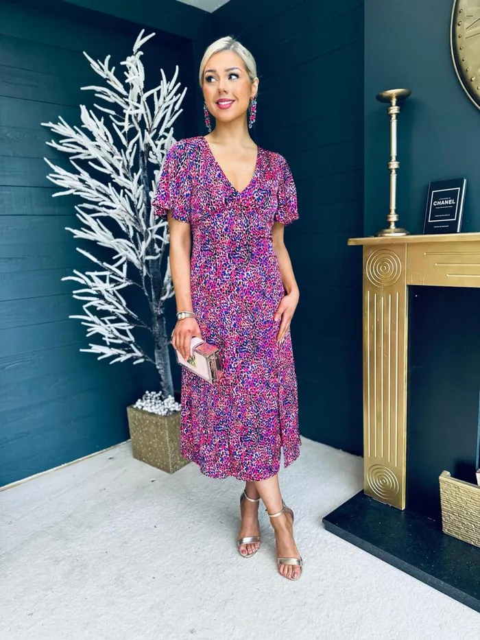 Women Midi Canella Lane Levi Purple Animal Print Angel Sleeve Split Leg Midi Dress