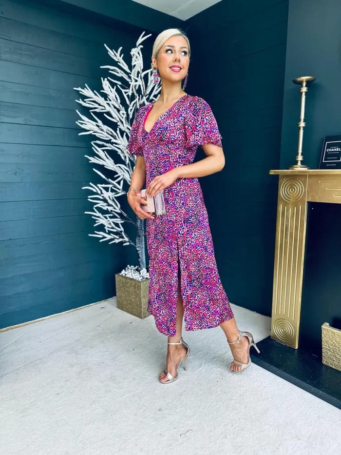 Women Midi Canella Lane Levi Purple Animal Print Angel Sleeve Split Leg Midi Dress