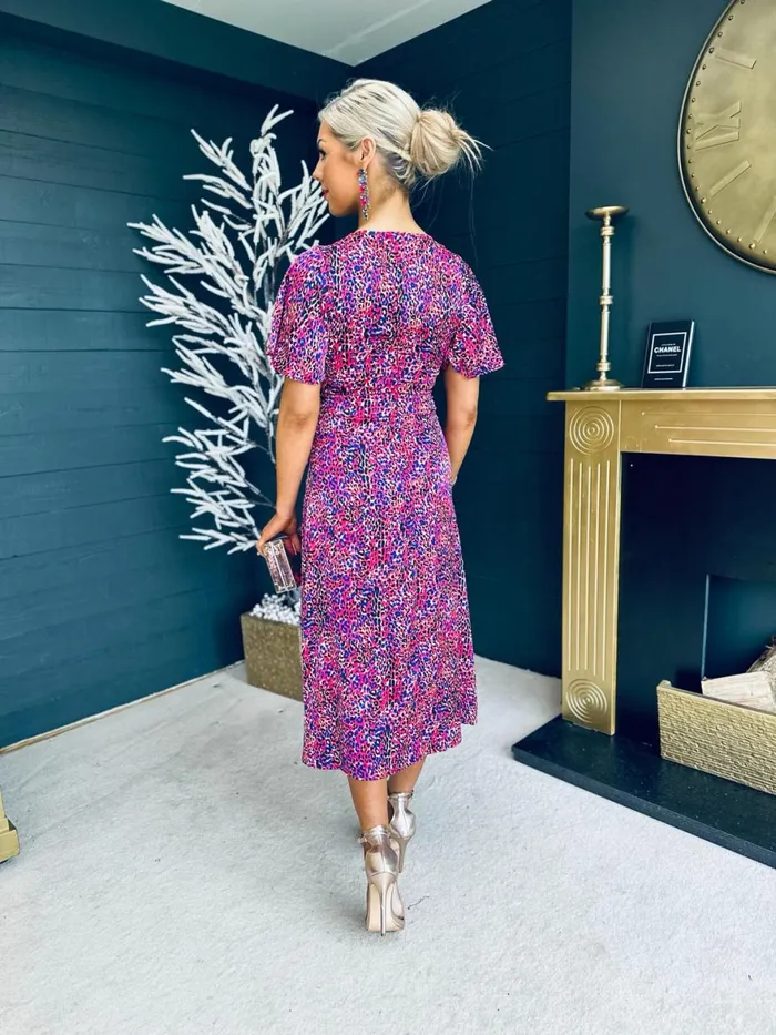Women Midi Canella Lane Levi Purple Animal Print Angel Sleeve Split Leg Midi Dress